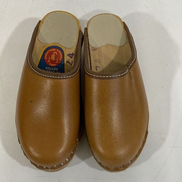 Vintage Girls Swedish Bastad-Toffeln Wood & Tan Leather Clogs Size 24 Us 8 - Picture 8 of 11